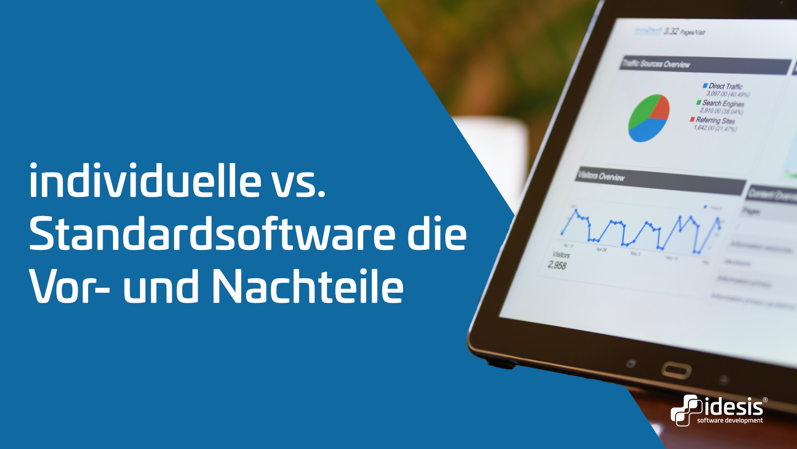 Ein Tablet mit einer geöffneten Anwendung, neben dem Titel: Individuelle vs. Standarfsoftware die Vor und Nachteile