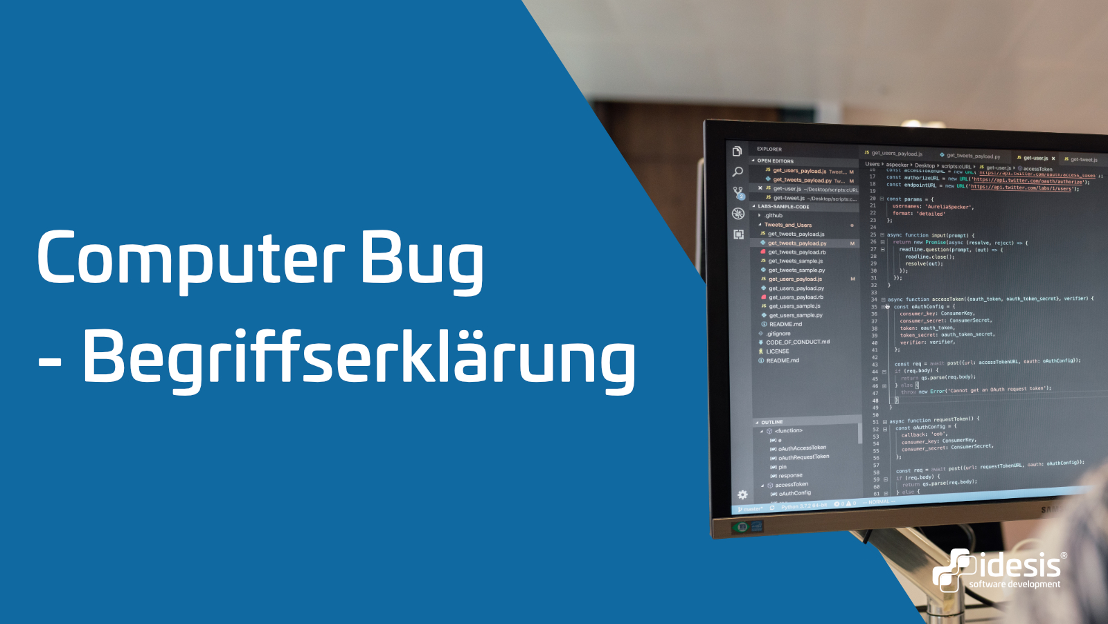 Ein Bildschirm auf dem Code zu sehen ist neben dem Titel: Computer Bug - Begriffserklärung